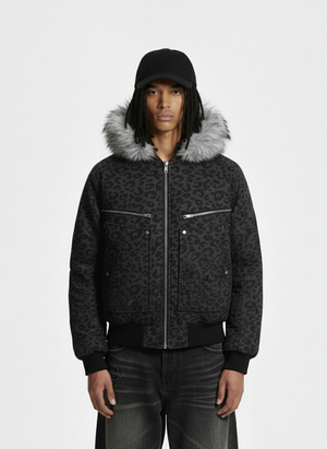 Retro Faux Fur Trimmed Hood Leopard Print Bomber Jacket 