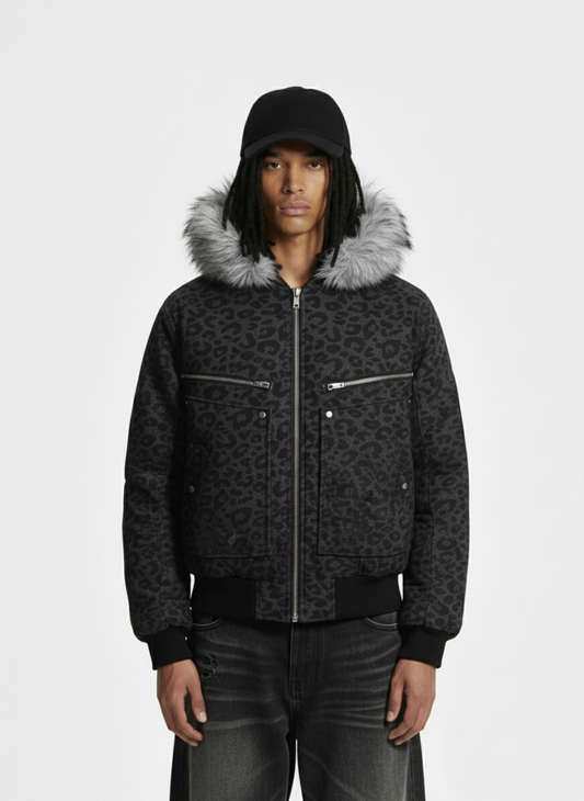 Retro Faux Fur Trimmed Hood Leopard Print Bomber Jacket 