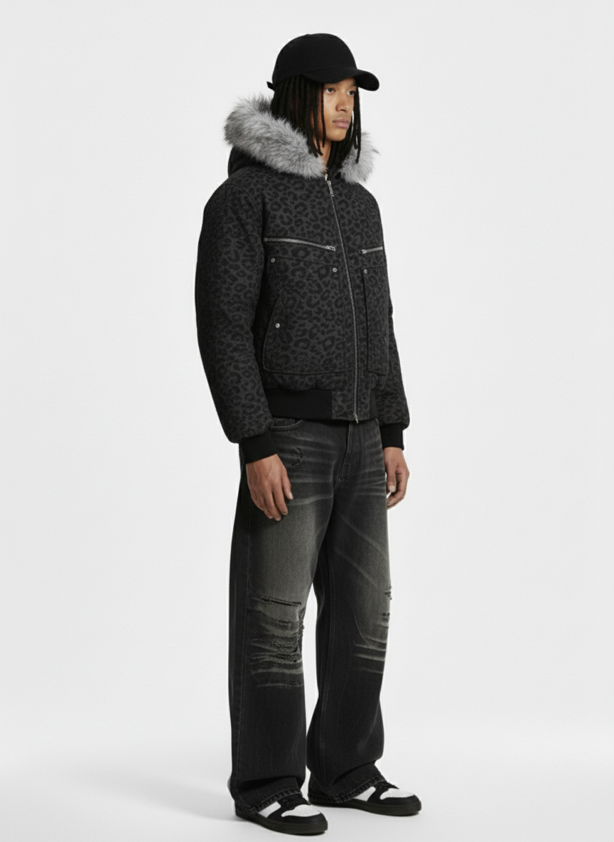 Retro Faux Fur Trimmed Hood Leopard Print Bomber Jacket 