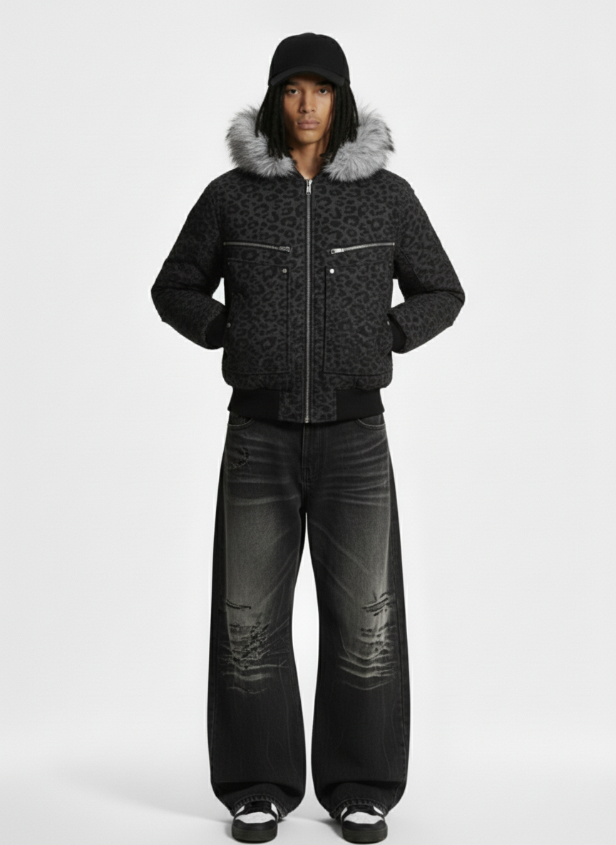 Retro Faux Fur Trimmed Hood Leopard Print Bomber Jacket 