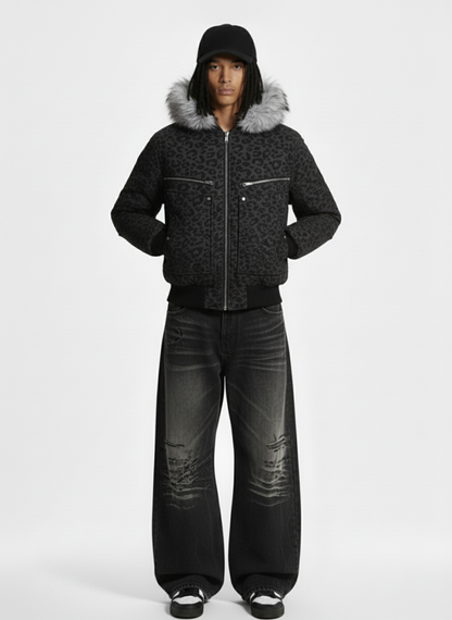 Retro Faux Fur Trimmed Hood Leopard Print Bomber Jacket 