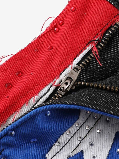 Cotton Blend American Flag Print Wide Leg Pants with Red Star Applique Design 