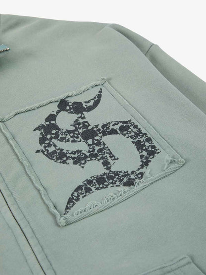 Cotton Blend Patchwork Bomber Jacket with Graphic Embroidery and Zipper Closure 