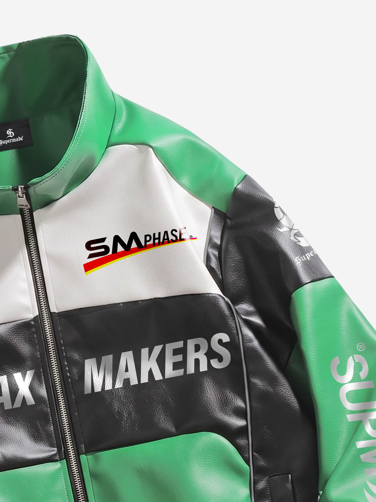 Asymmetric Racing Graphic Color Block Faux Leather Jacket