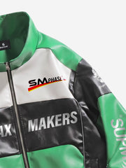 Asymmetric Racing Graphic Color Block Faux Leather Jacket