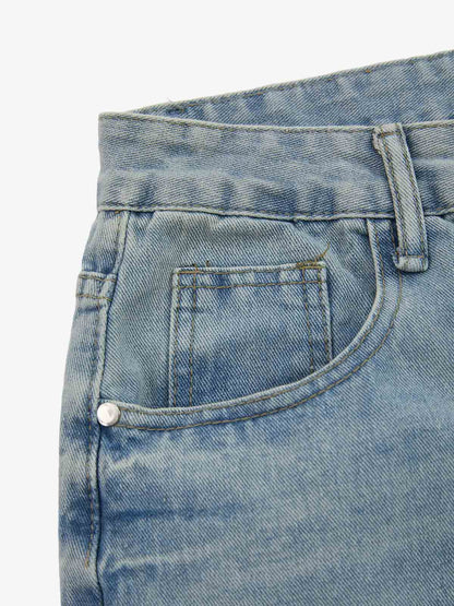 Light Blue Embroidered Denim Wide-Leg Pants with Beaded Details 