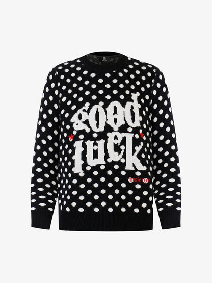 Stylish Polka Dot Sweater with "Good Luck" Embroidery for Festive Occasions 