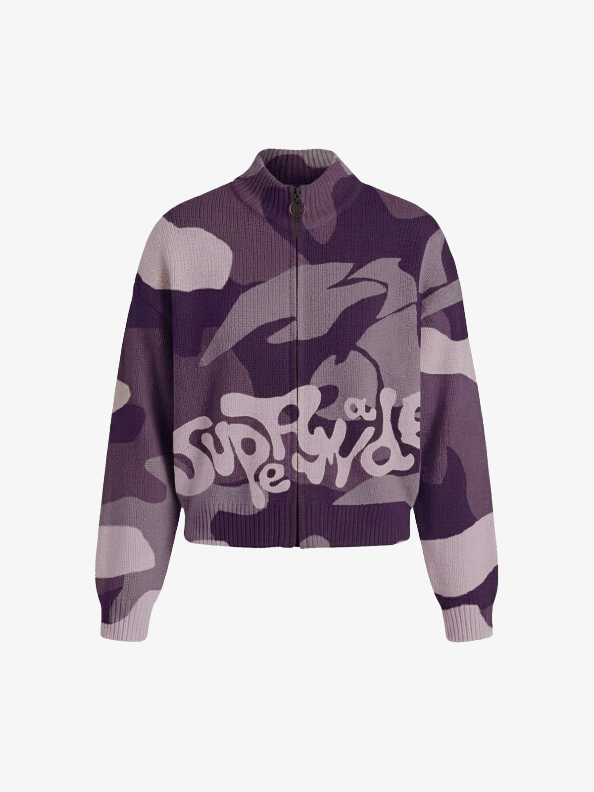 Camo Pattern Jacquard Knit Full-Zip Stand Collar Sweater