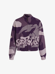Camo Pattern Jacquard Knit Full-Zip Stand Collar Sweater