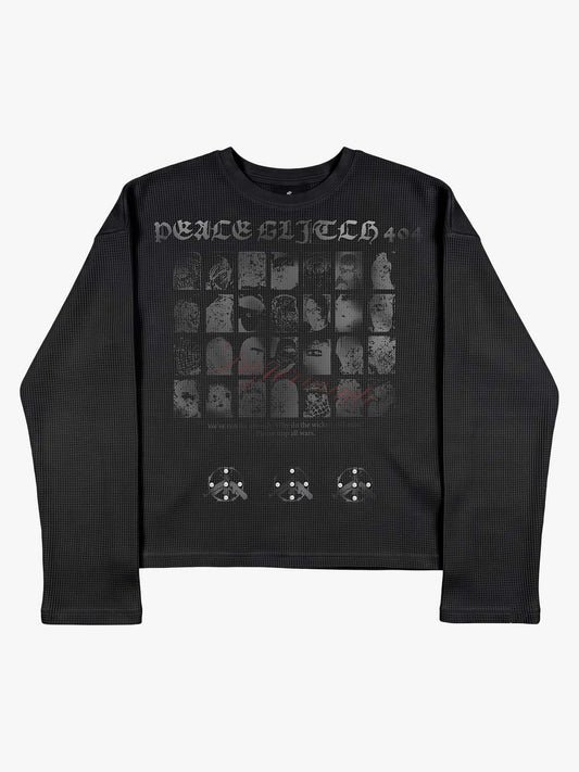 Anti-War Graphic Beaded Waffle Long Sleeve Tee