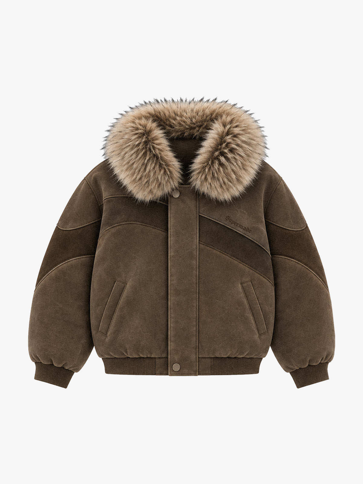 Faux-Fur Collar Suede-Effect Padded Coat