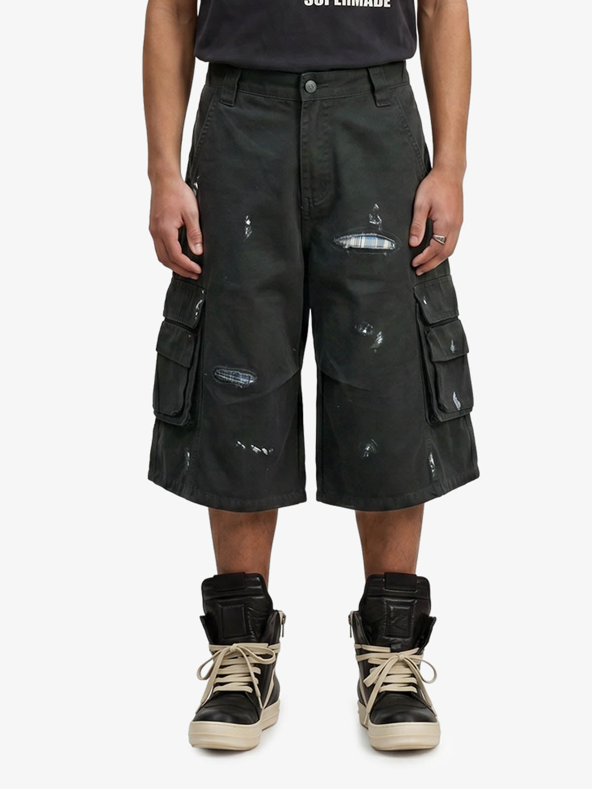 Vintage Distressed Multi Pocket Wide Leg Cargo Shorts 