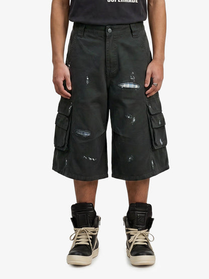 Vintage Distressed Multi Pocket Wide Leg Cargo Shorts 