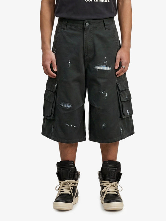 Vintage Distressed Multi Pocket Wide Leg Cargo Shorts