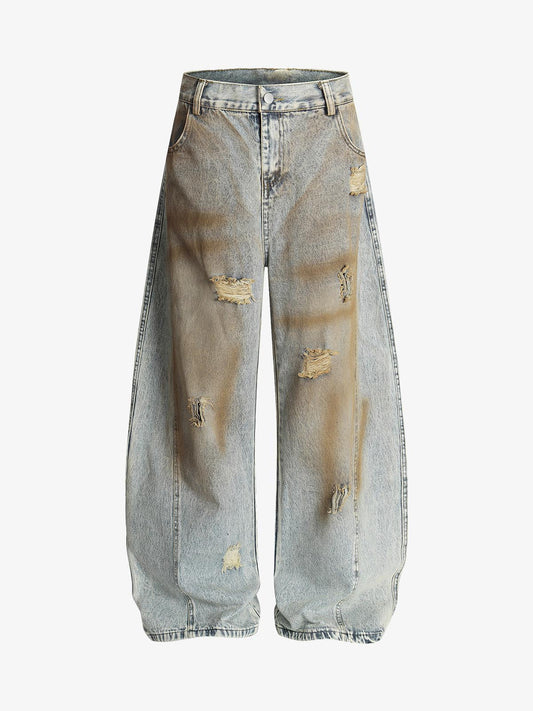 High Street Retro Dirty Dyed Washed Scimitar Jeans 