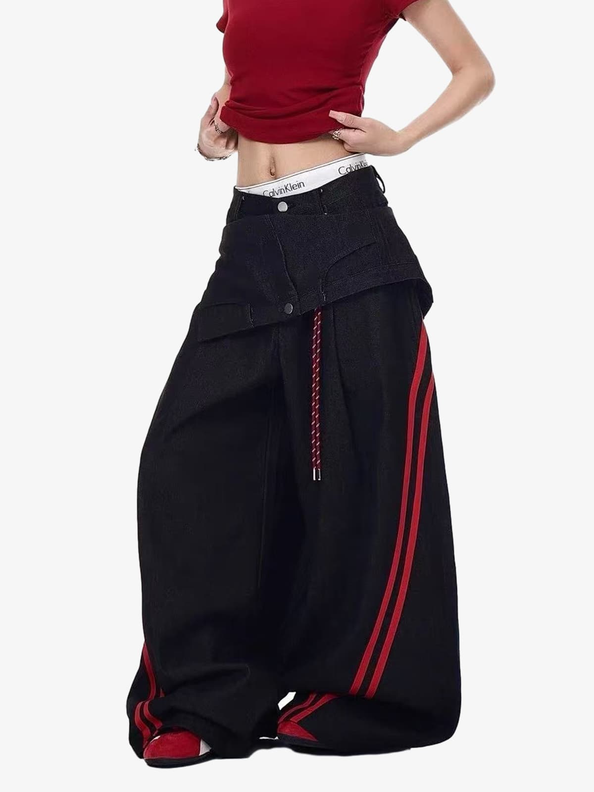 Retro Red Stripe Asymmetric Waist Barrel Jeans 