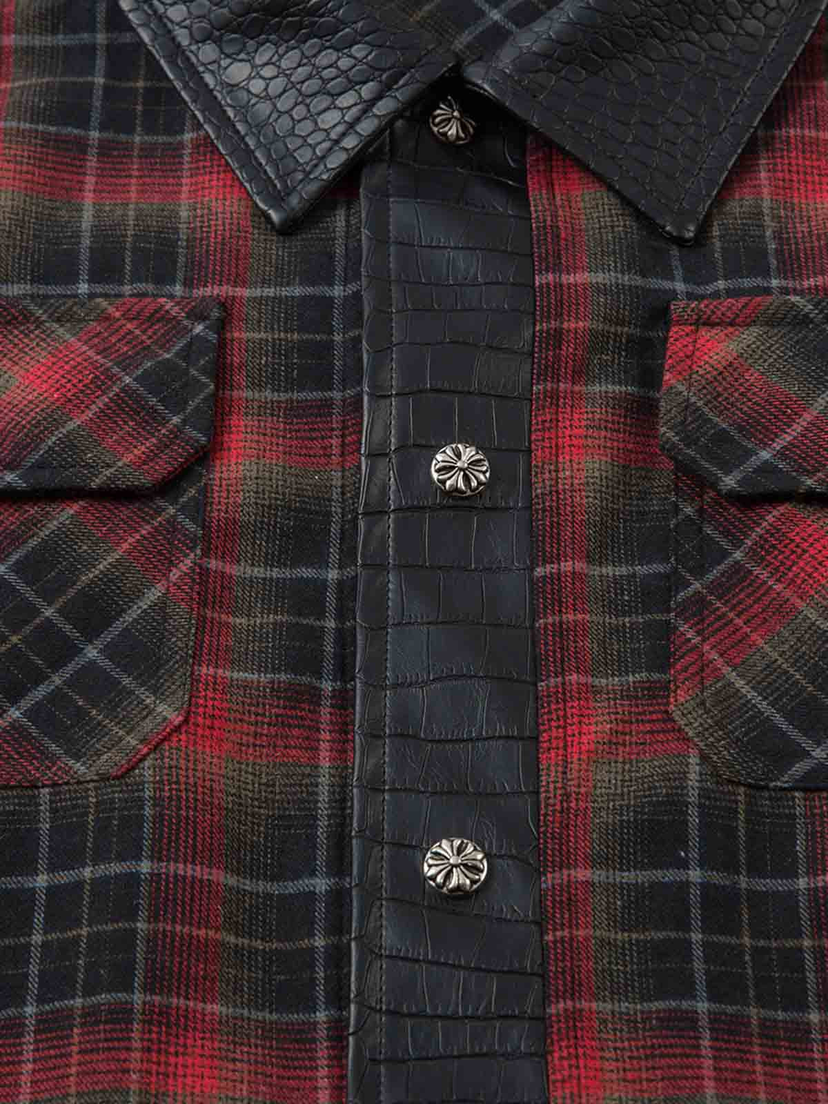 Plaid Flannel Shirt with Leather-Trimmed Collar - Perfect for Casual and Outdoor Styles 