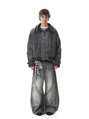 Vintage Distressed Pleated Shearling Collar Fleece Jacket 