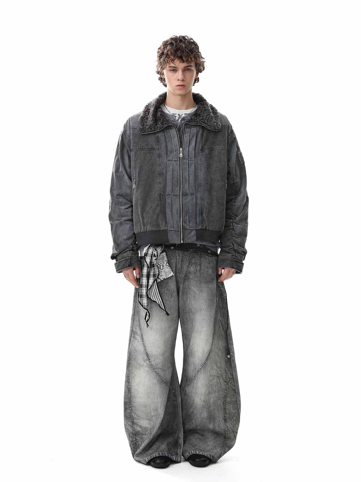 Vintage Distressed Pleated Shearling Collar Fleece Jacket 