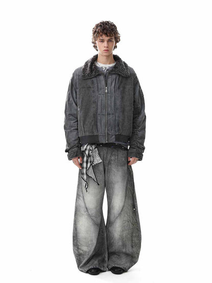 Vintage Distressed Pleated Shearling Collar Fleece Jacket 