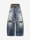 Leopard Ripped 3D Print Baggy Barrel Jeans