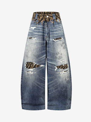 Leopard Ripped 3D Print Baggy Barrel Jeans