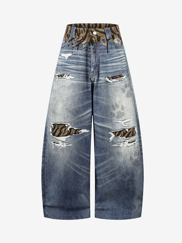 Leopard Ripped 3D Print Baggy Barrel Jeans