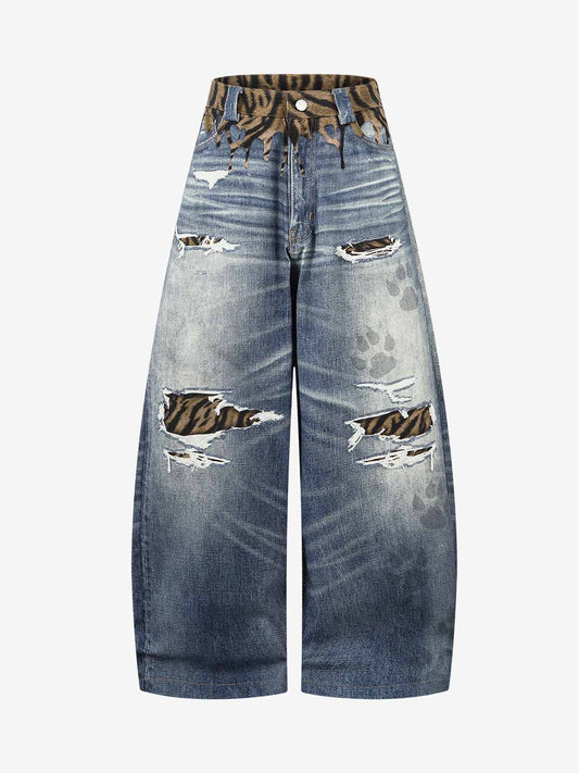 Leopard Ripped 3D Print Baggy Barrel Jeans