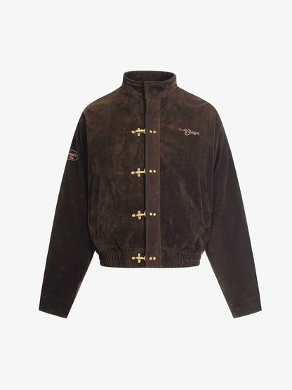 Vintage Suede Embroidered Toggle-Buckle Stand Collar Down Jacket 