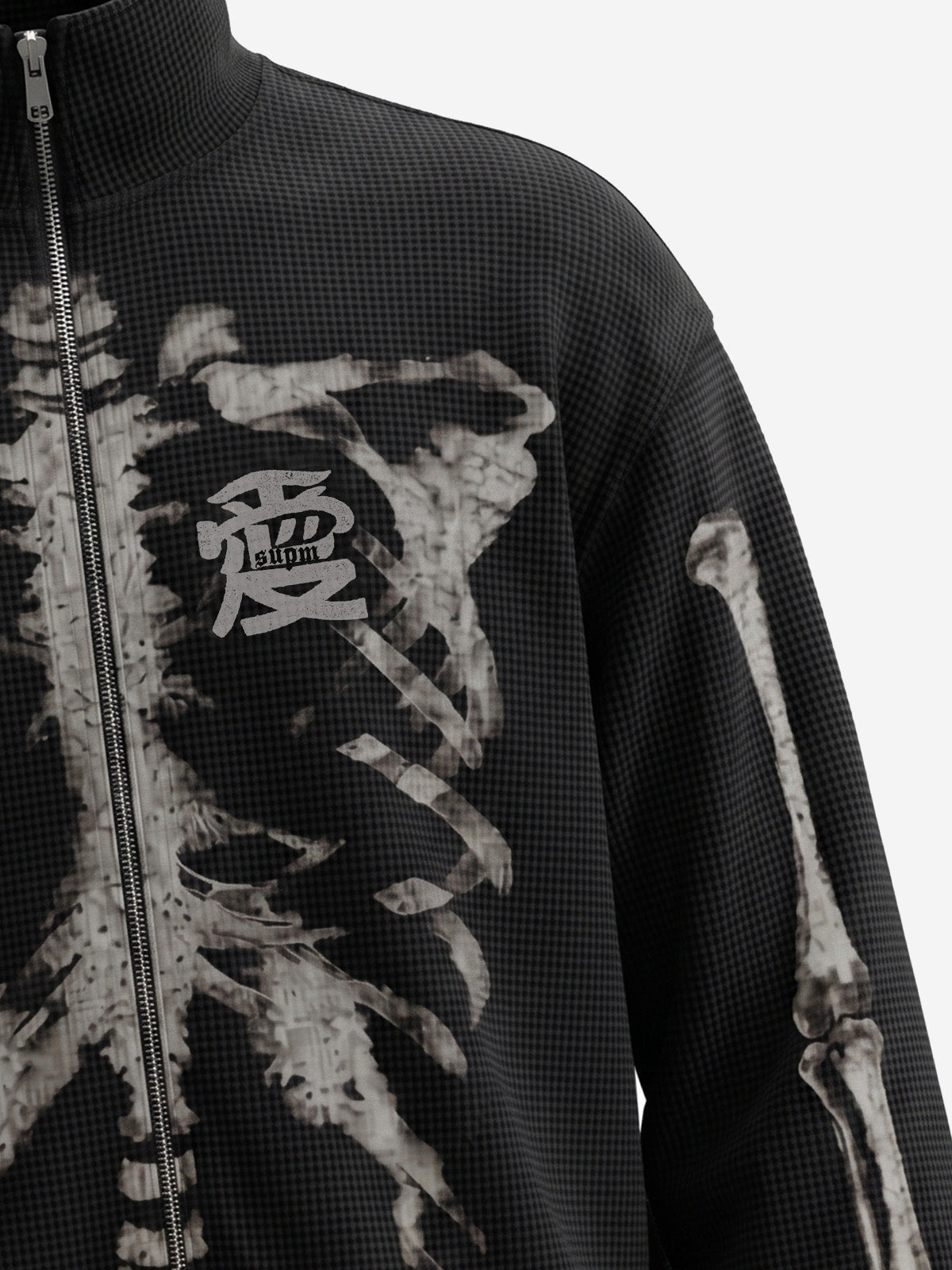 Skull Graphic Waffle Double-Zip Stand-Collar Sweatshirt