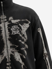 Skull Graphic Waffle Double-Zip Stand-Collar Sweatshirt