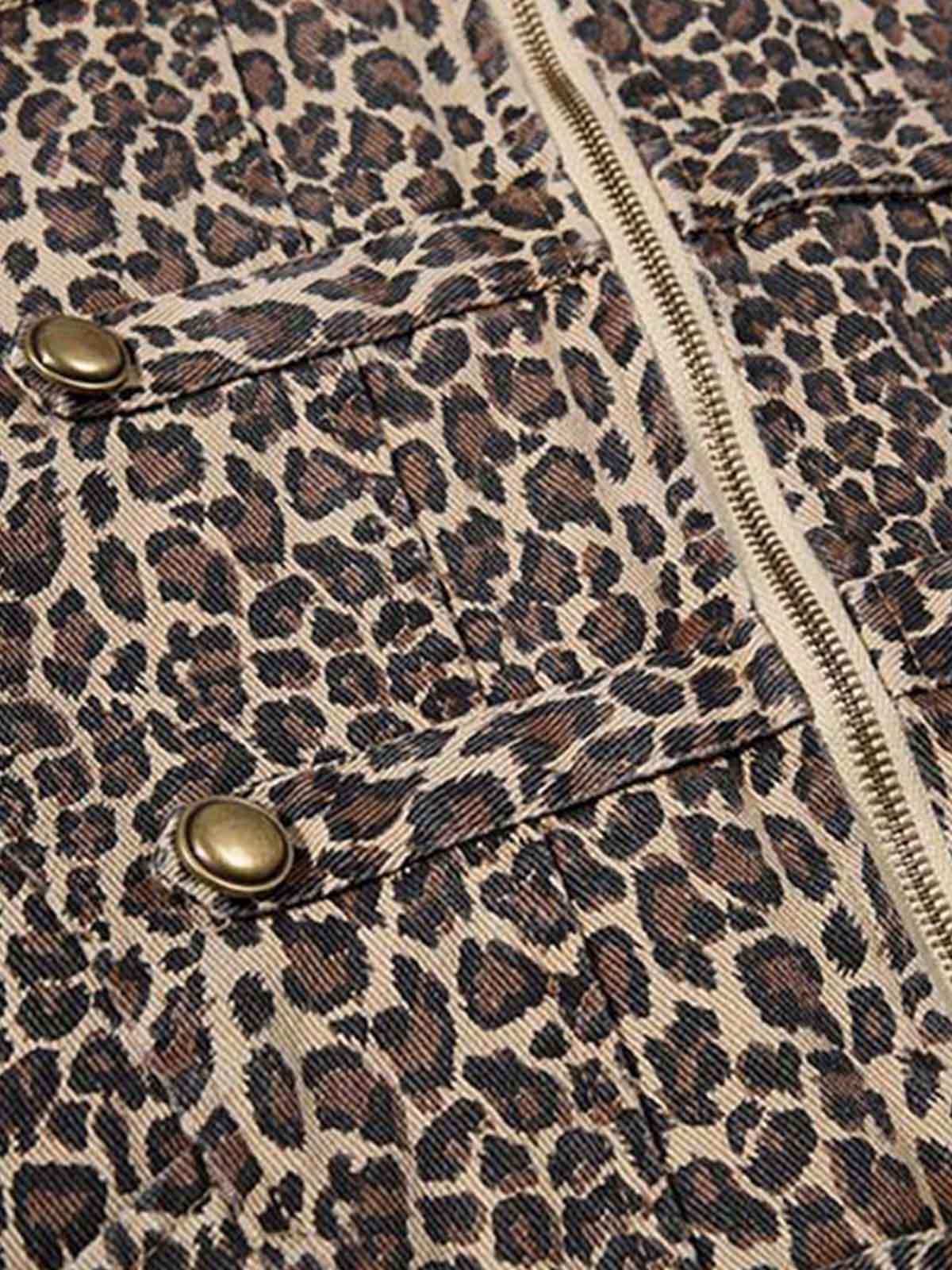 Street-style Retro Leopard Print Washed Button Denim Jacket