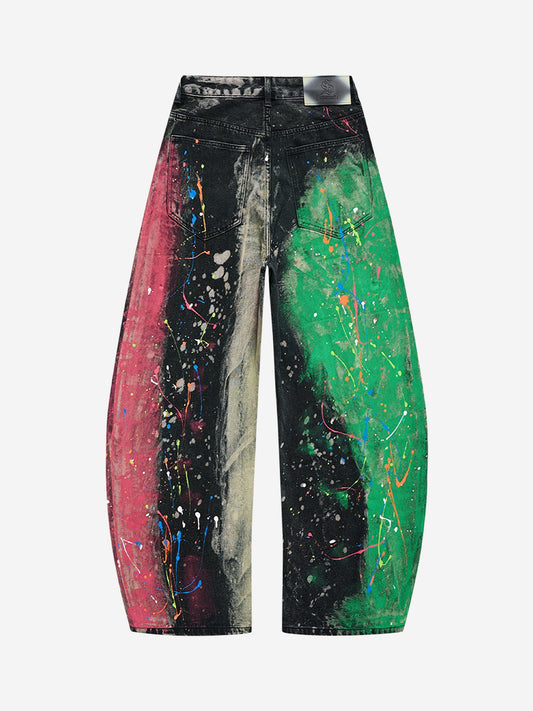 Artistic Paint-Splatter Wide-Leg Denim Jeans