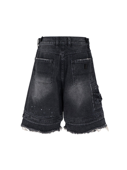 Ripped Washed Tassel Cargo Denim Shorts 