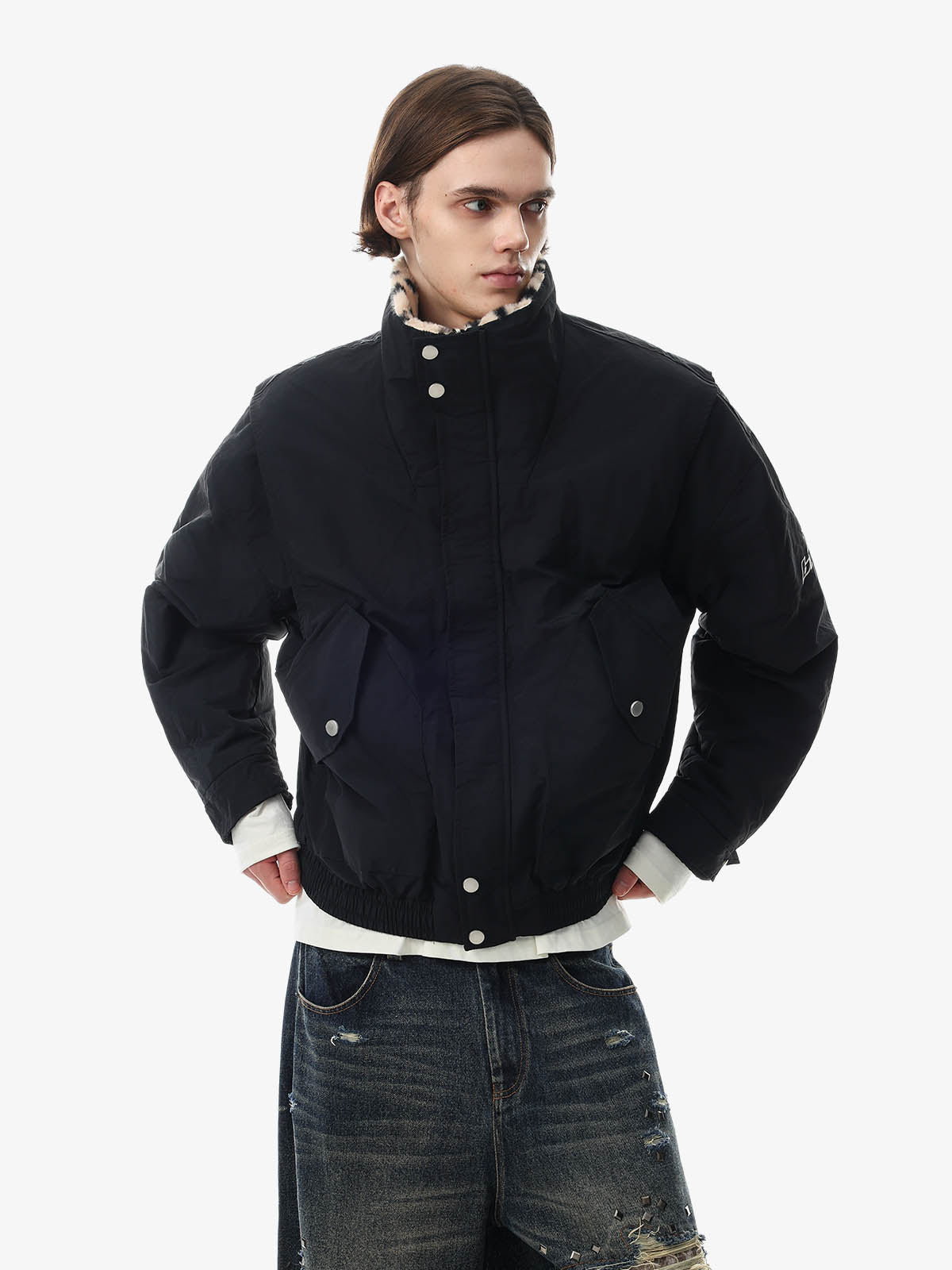 Reversible Spotted Leopard Stand-Collar Fleece Coat