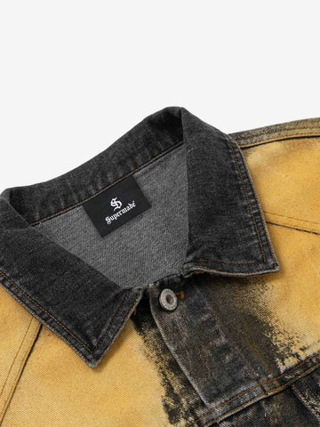 Ink-Splatter Washed Distressed Denim Jacket