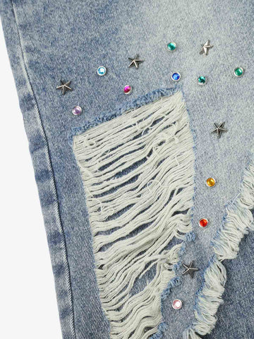 Layered Rhinestone Baggy Jeans
