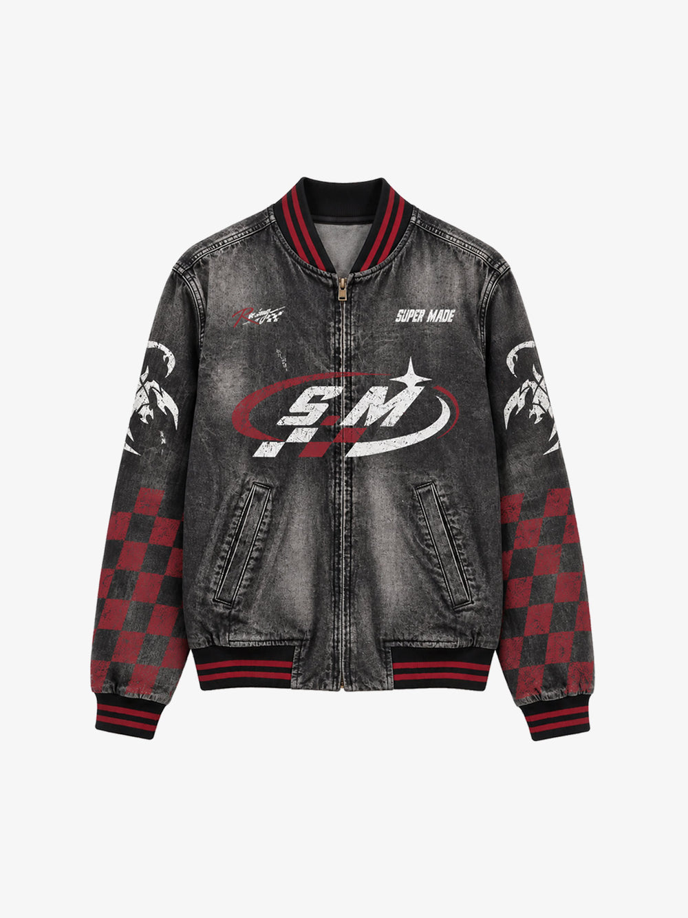 Washed Denim Racing Graphic Print Varsity Jacket