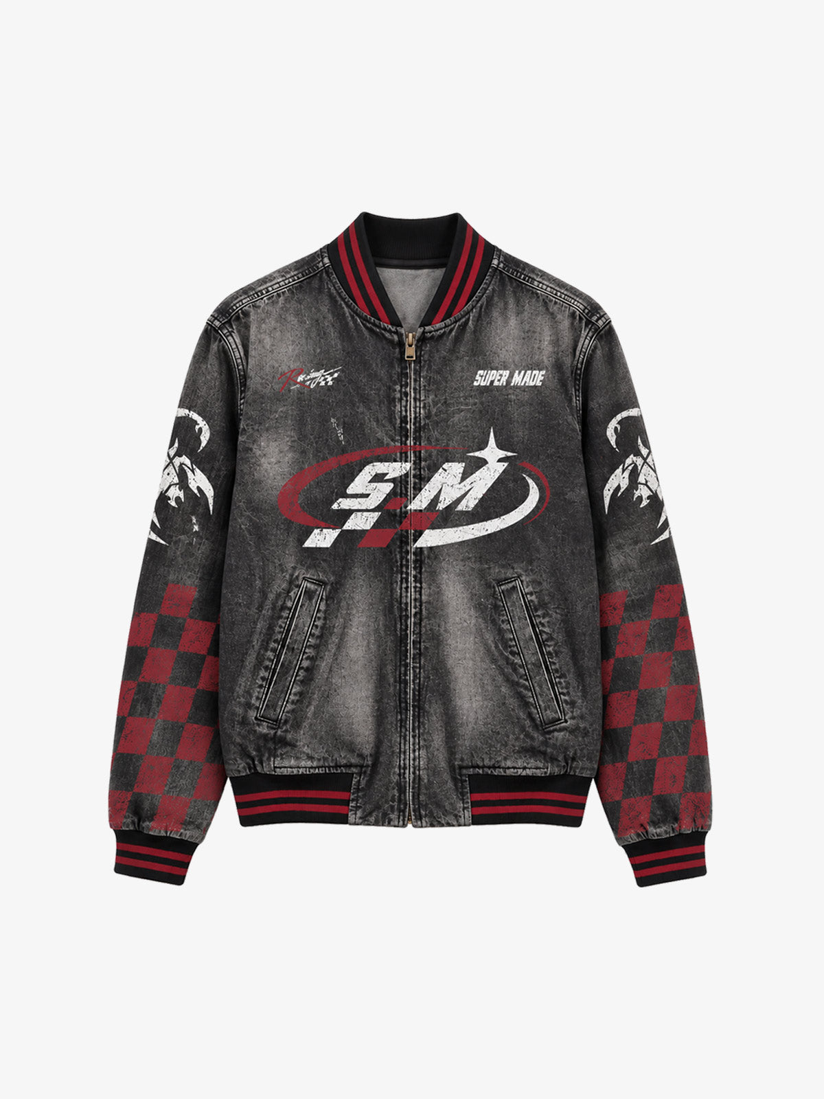 Washed Denim Racing Graphic Print Varsity Jacket