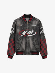 Washed Denim Racing Graphic Print Varsity Jacket