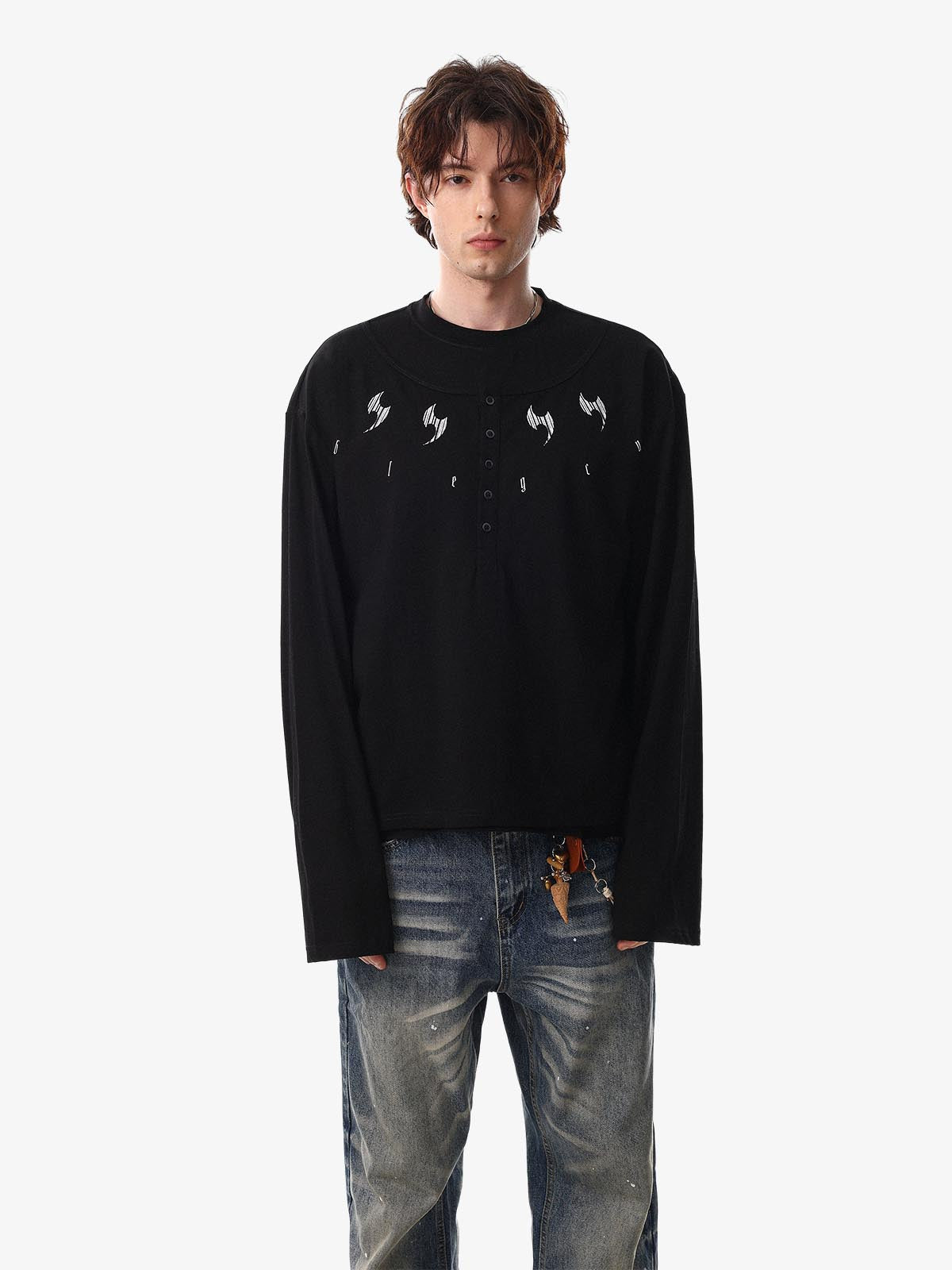 Layered Neck Button Detail Long Sleeve T-Shirt