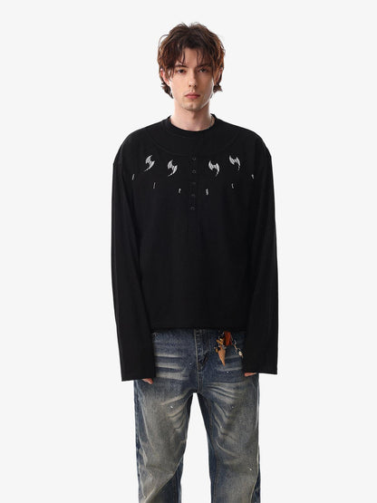 Layered Neck Button Detail Long Sleeve T-Shirt