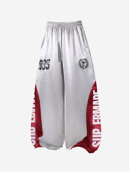 Glossy Color Block Logo Graphic Wide-Leg Sweatpants