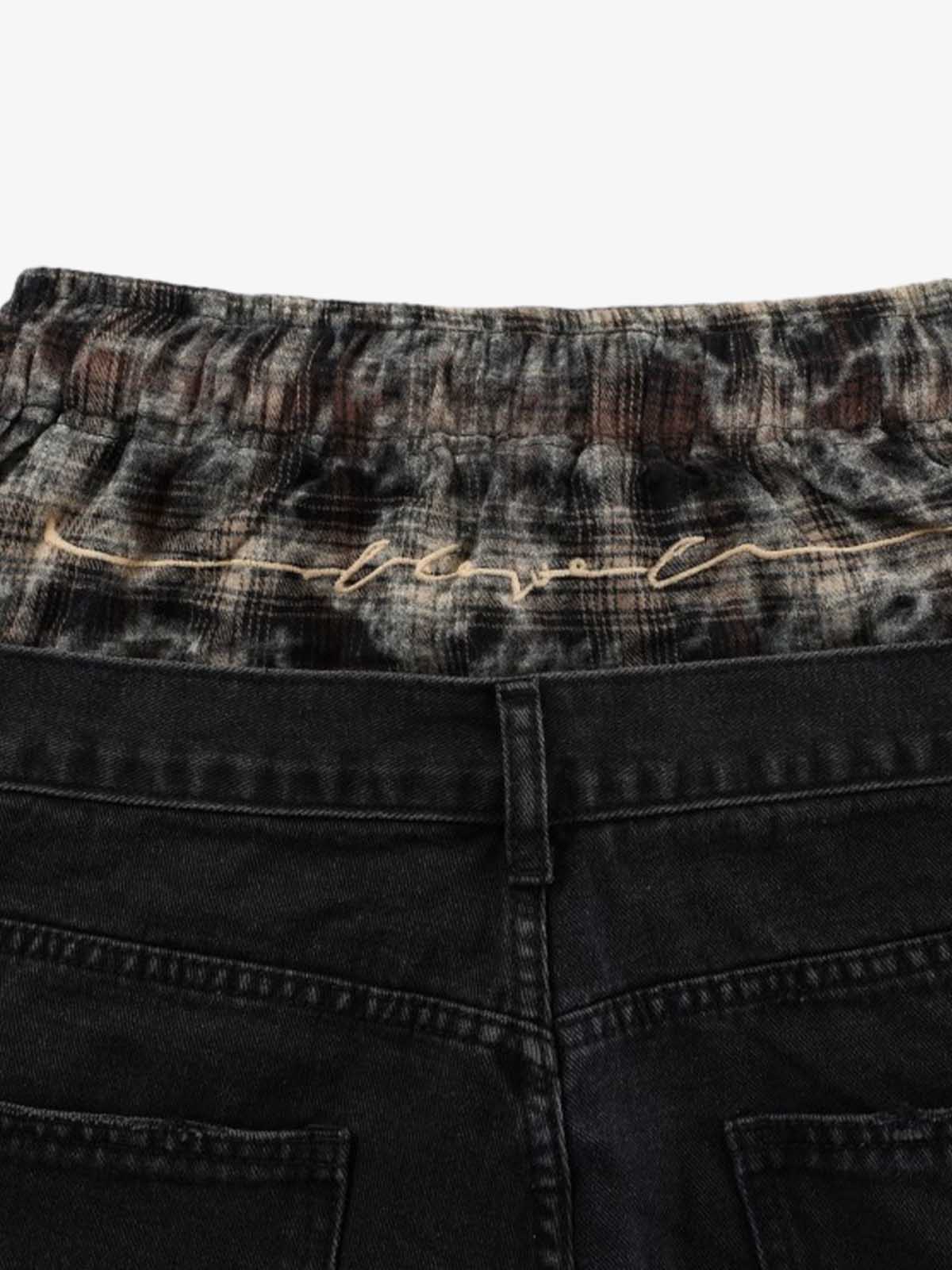 Denim Patchwork Wide Leg Pants with Drawstring Waist and Distressed Details 