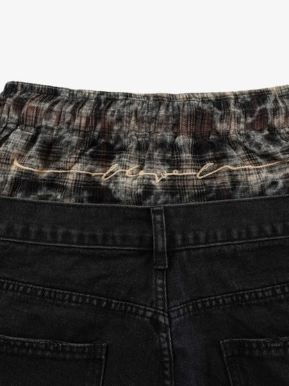 Denim Patchwork Wide Leg Pants with Drawstring Waist and Distressed Details 