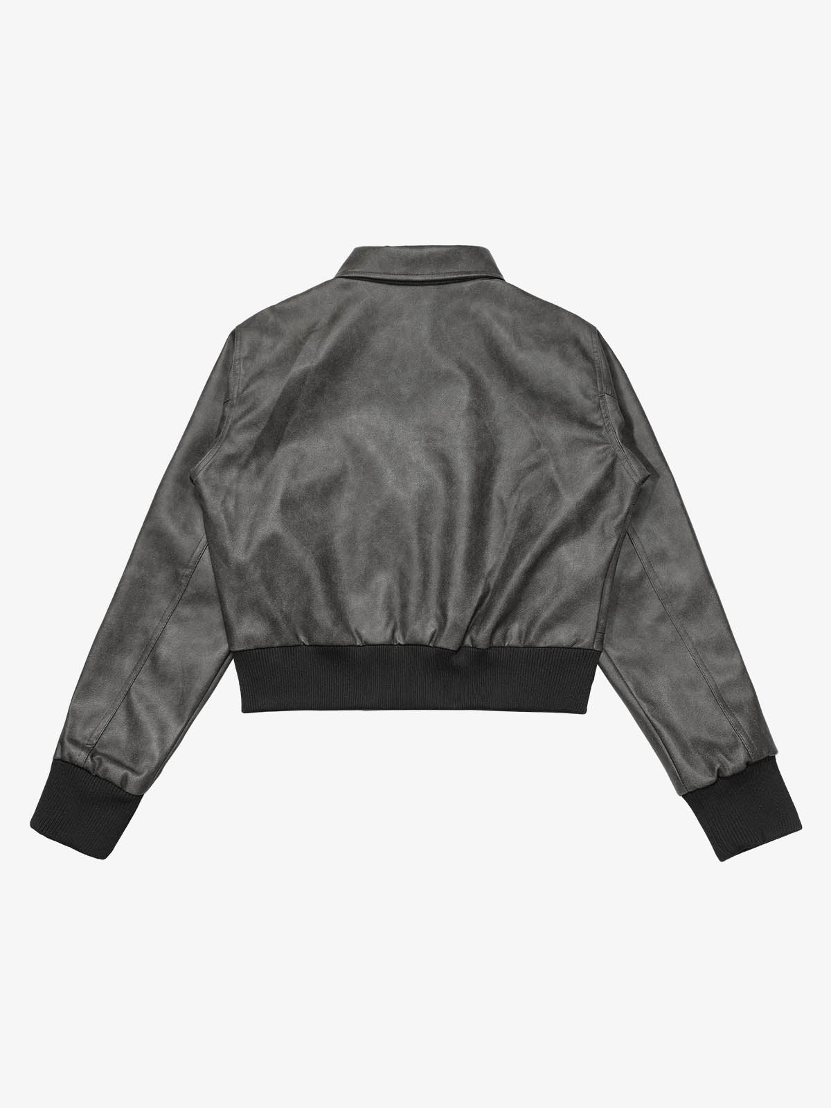 Metal Button Cropped Leather Bomber Jacket