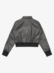Metal Button Cropped Leather Bomber Jacket
