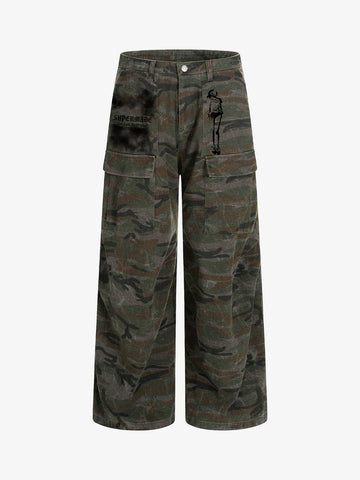 Faded Camo Graphic Wide-Leg Cargo Pants 