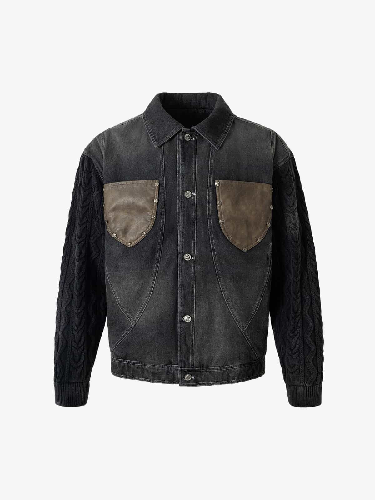 Stylish Denim Jacket with Cable Knit Sleeves and Leather Patches for Men 