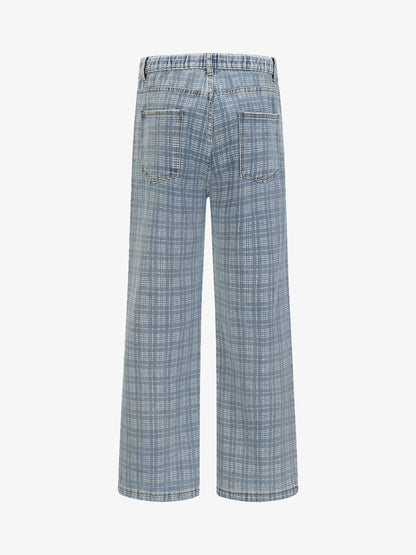 Vintage Washed Distressed Plaid Straight Jeans 